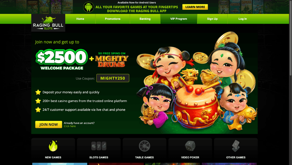 Screenshot of raging bull online casino homepage